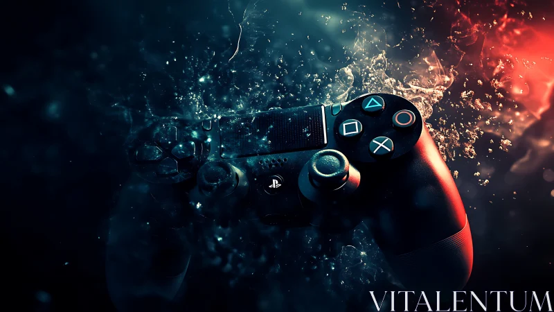 Game controller suspended in glowing digital particles.