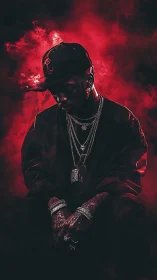 Moody hip-hop portrait in red smoke with cinematic lighting.