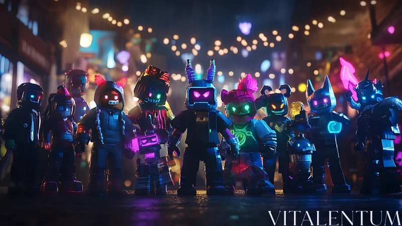 Neon-lit block characters in rainy urban alley at night.