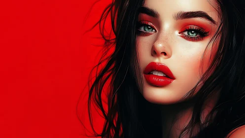 Crimson gaze portrait with glossy lips on vivid red field.