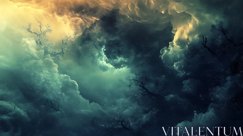 Bifurcated nebular storm cloudscape with silhouetted barren trees