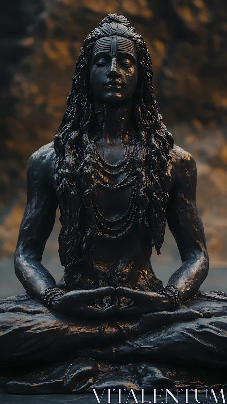 Dark meditative deity sculpture in seated lotus pose.