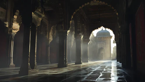 Morning light drifting through a quiet palace arcade.
