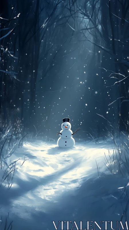 Gentle snowman greeting in a quiet moonlit winter forest.