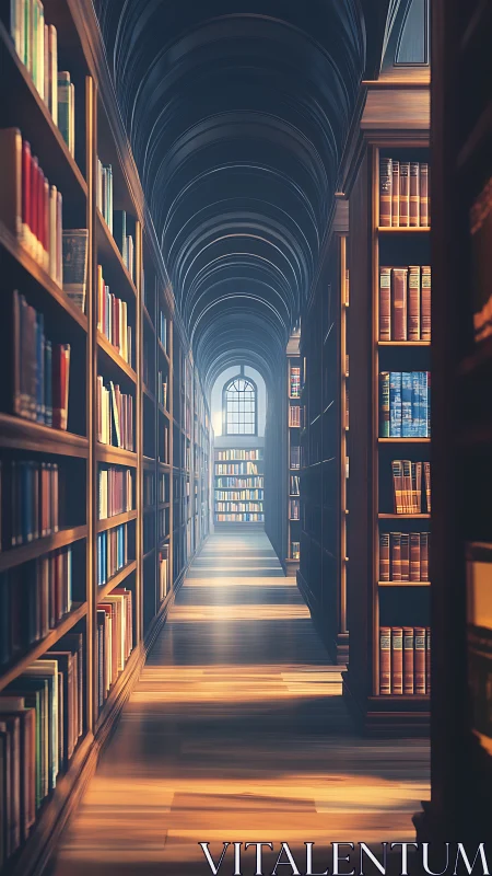 Sunlit vaulted library aisle with towering book-lined shelves.
