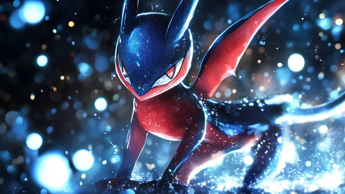 Bipedal dragonlike creature in glowing bokeh environment.