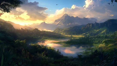 Sunlit mountain valley over luminous reflective river basin.