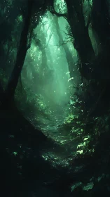 Emerald Cathedral: Ancient Forest Pathway Bathed in Mystical Light.