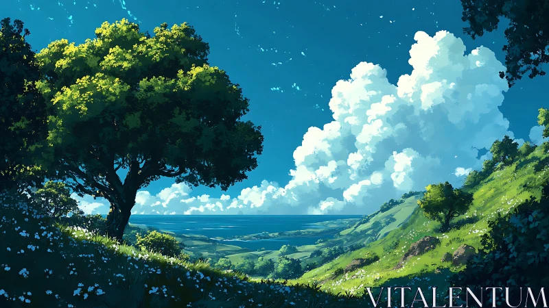 Coastal valley landscape under cumulus cloud formation.