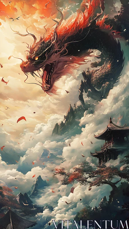 Fiery dragon coils above misty mountains and temple complex