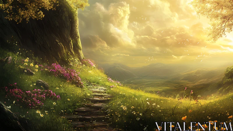 Golden hillside path into a soft, dream-bright valley.