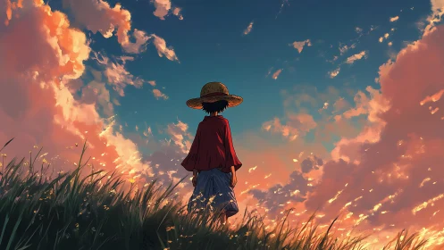 Backlit straw-hat silhouette under volumetric sunset cloudfield.