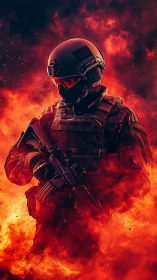 Helmed ember warden marching through a burning horizon.