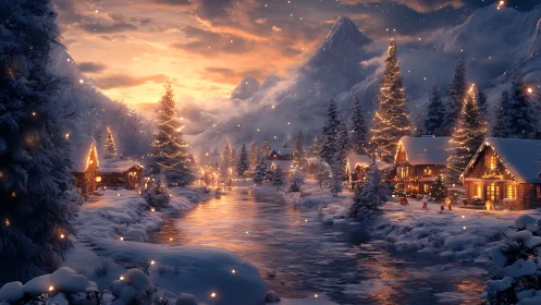 Illuminated alpine village with reflective winter river at dusk.
