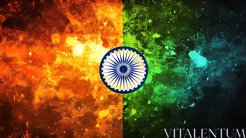 Ashoka chakra blazing through molten saffron and teal cosmos.