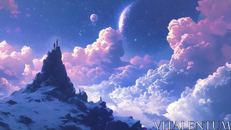 Figures stand on snowy peak under distant crescent planets