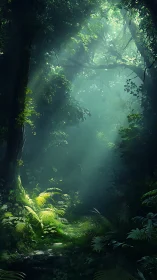 Ethereal Rainforest Pathway Bathed in Luminous Mist.
