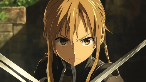 Steely eyed anime swordswoman framed in golden battle light.