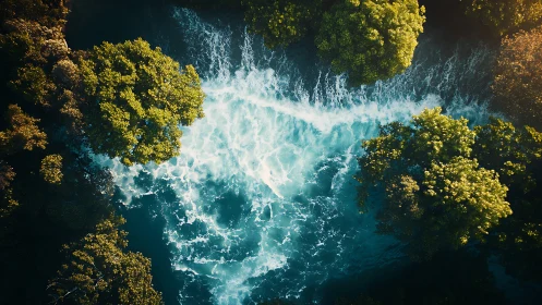 Sunlit forest river rushing through a bright green valley.