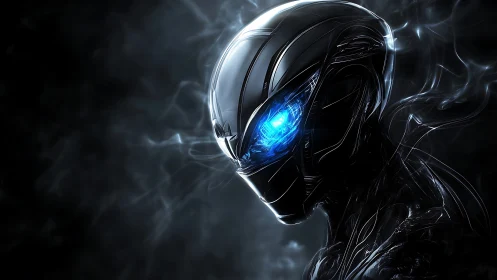 Futuristic chrome android glares through swirling neon smoke