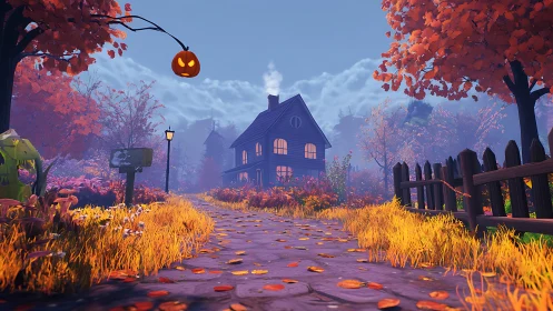 Pumpkin-lit autumn lane to a cozy haunted cottage at dusk.