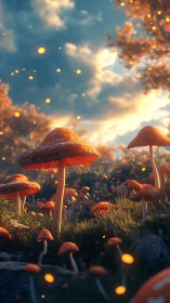 Glowing orange mushrooms shimmer under a dreamy sunset sky.