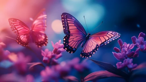 Twilight duet of neon-winged butterflies in dream-bloomed garden.