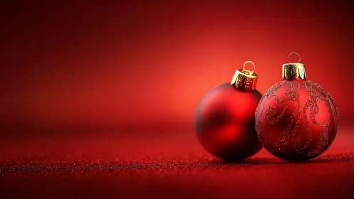 Red Christmas baubles on glittered surface in focus.