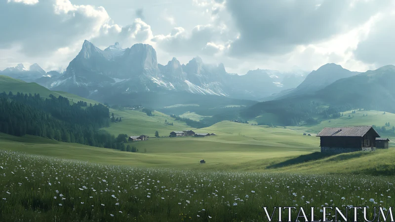 Alpine meadow stretches toward sunlit jagged mountain peaks.