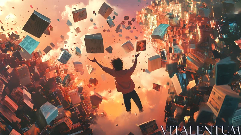 Solitary silhouetted figure is suspended amid floating books