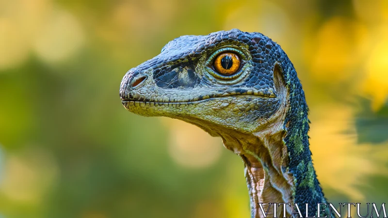 Dinosaur head closeup shows detailed scales and bright eye