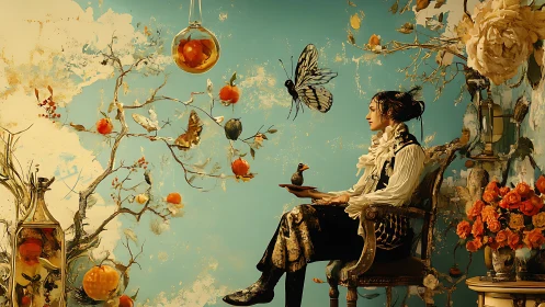 Surreal seated portrait orchestrates butterflies, fruit and florals
