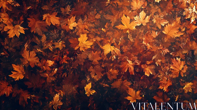 Overhead view of scattered orange and brown autumn leaves.