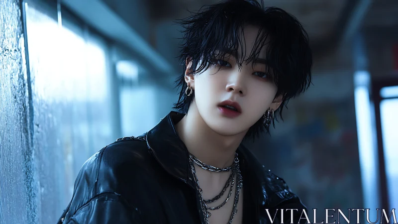 Androgynous cyberpunk youth in wet-look leather corridor light