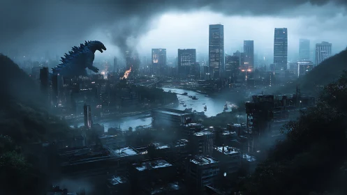 Giant reptilian creature in overcast high rise cityscape.