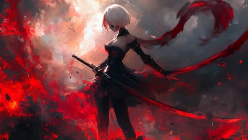 White‑haired swordwoman stands amid swirling red embers