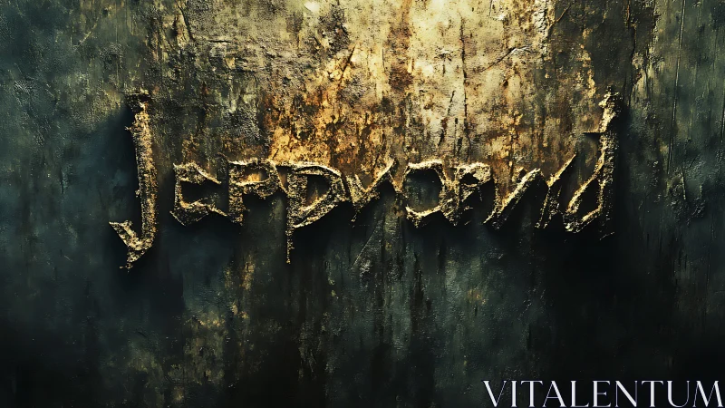 Jeopardized word carved into corroded metal wall surface.