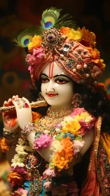 Photorealistic devotional statue with ornate floral adornment.