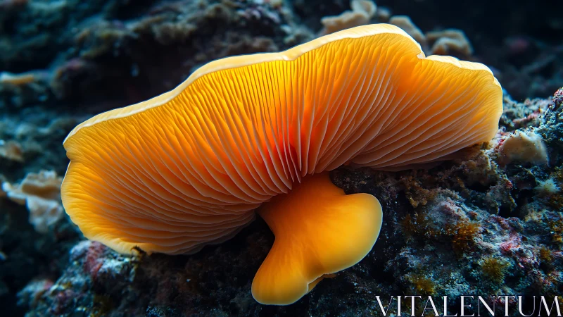 Golden coral mushroom glows gently along the ocean floor