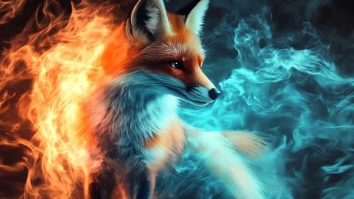 Mystic fox stands between blazing fire and icy smoke.