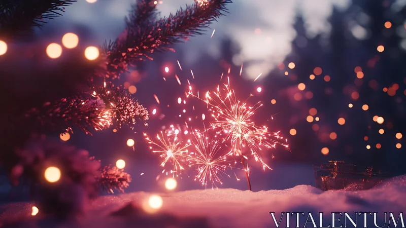 Winter sparklers and pine branches in soft bokeh light.