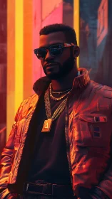 Neon corridor cool: chrome jacket king in sunset glow.