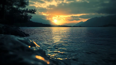 Soft sunset glow over tranquil mountain lake waters.