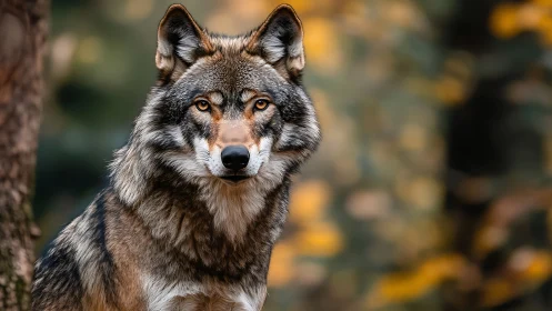 Calm forest wolf gazing softly through autumn light.