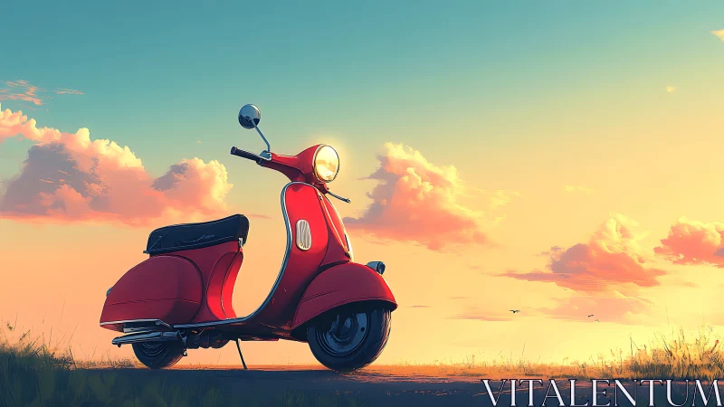 Red scooter stands on rural road under warm sunset sky