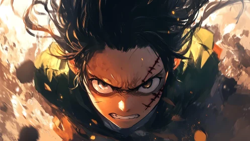 Scarred anime warrior charges through burning debris field.