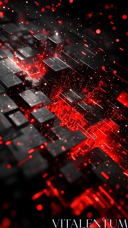 Red luminous data blocks in abstract geometric gridscape.