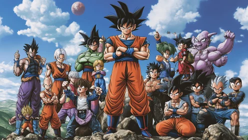 Anime warriors stand united under clear alien sky.