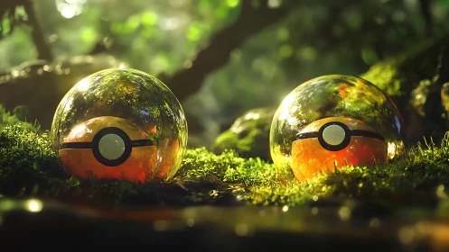 Spherical devices rest on moss in a forest environment