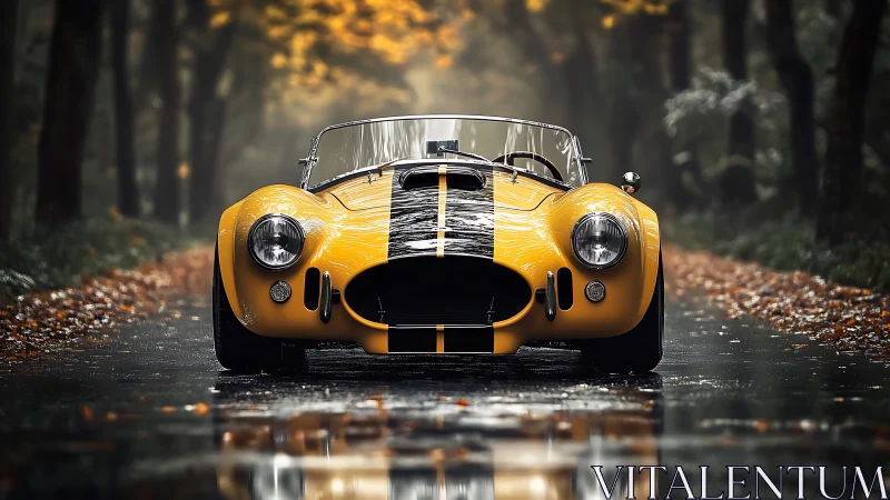 Yellow classic roadster on wet forest road in autumn rain.